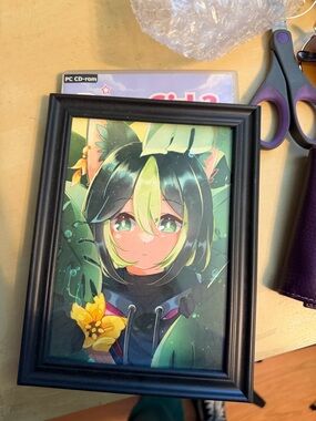Framed Anime Portrait with Green & Black Palette